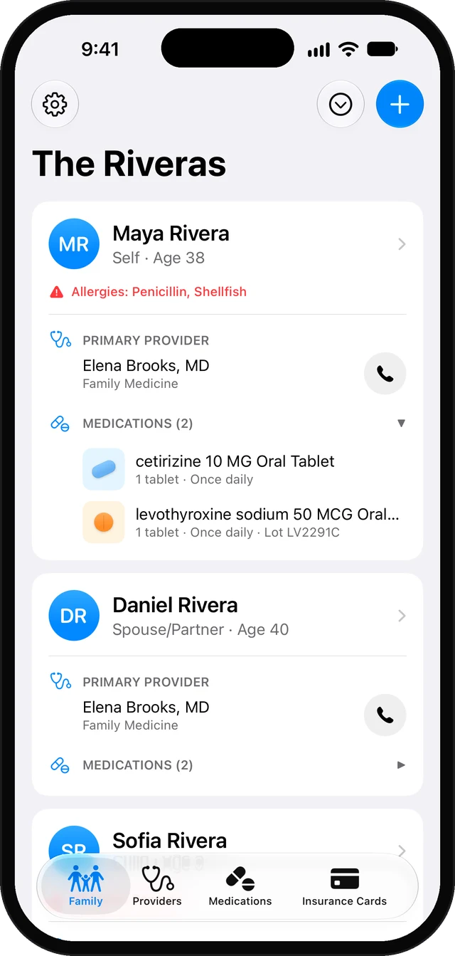 Carelist Family screen listing each family member with their primary provider and medications