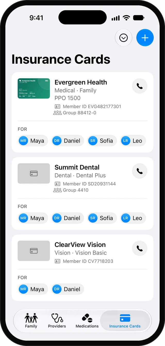 Carelist insurance cards list with medical, dental and vision plans