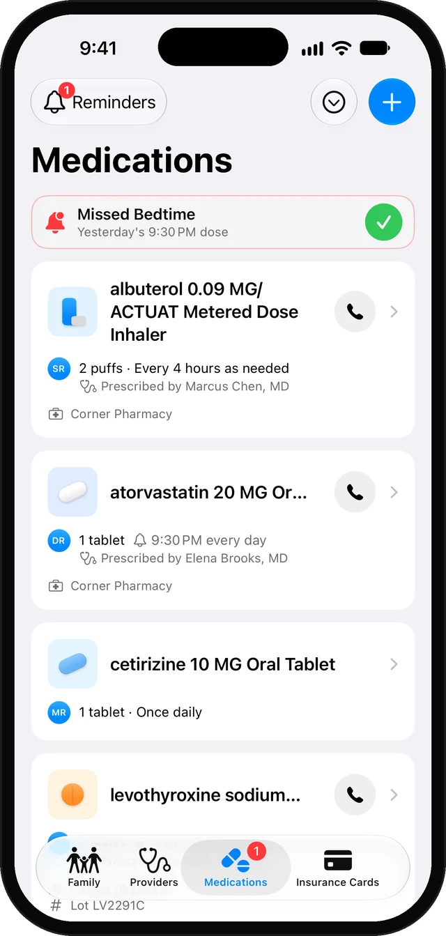Carelist medications list with a missed bedtime dose alert at the top