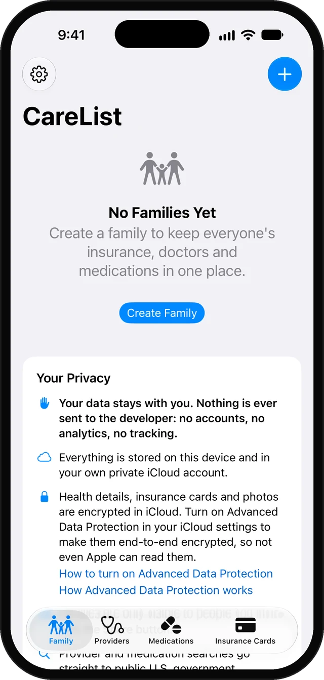 Carelist welcome screen with a plain-language privacy summary
