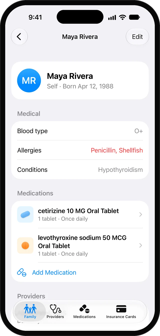 Carelist profile for one family member showing blood type, allergies, conditions and medications