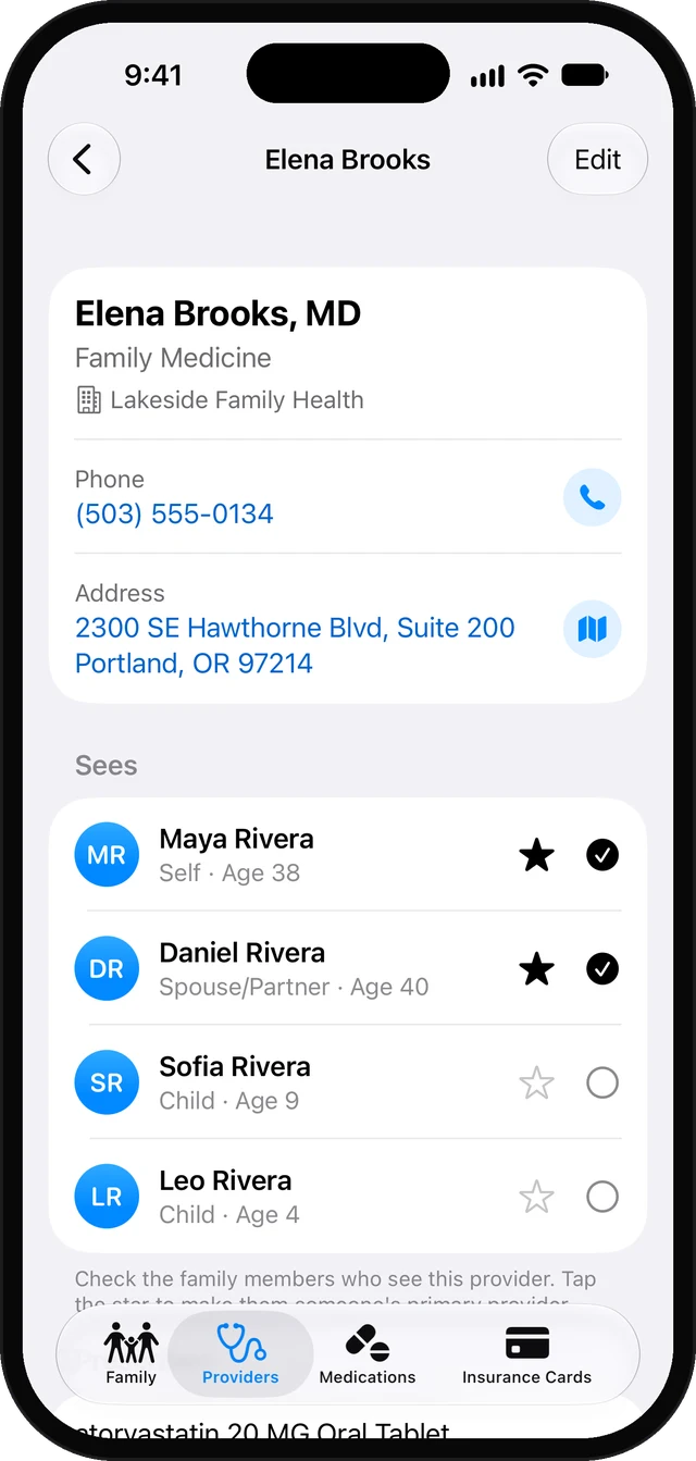 Carelist provider detail with phone, address and the family members who see this provider