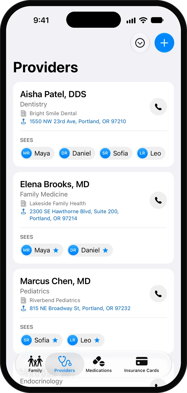 Carelist providers list showing a dentist, family doctor and pediatrician with who each one sees