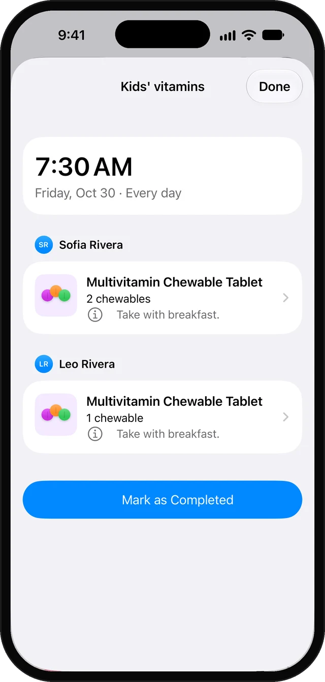 Carelist reminder for kids' vitamins with a Mark as Completed button